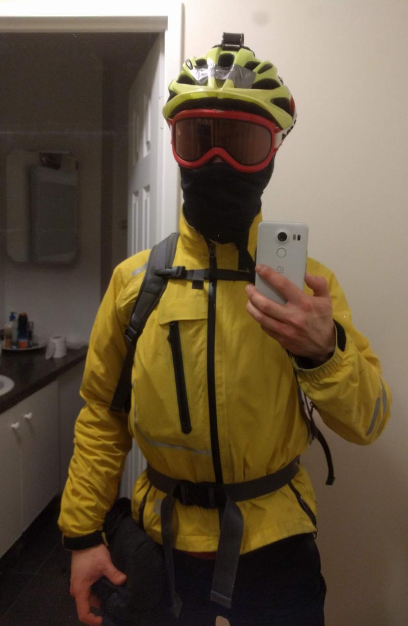 My old, discontinued yellow MEC Revolution, and an imposing balaclava